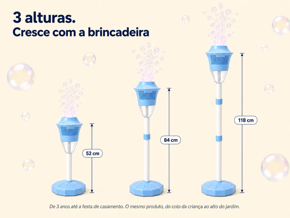 Três alturas, cresce com a brincadeira: 52, 84 ou 118 cm