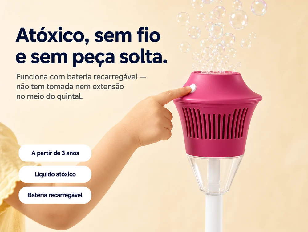 Atóxico, sem fio e sem peça solta: a partir de 3 anos, líquido atóxico, bateria recarregável