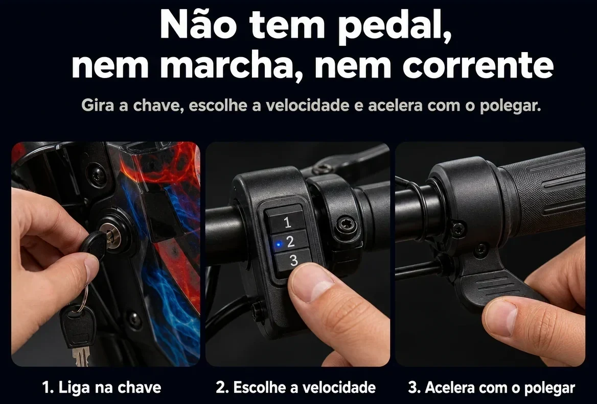 Como funciona: liga na chave, escolhe a velocidade e acelera com o polegar