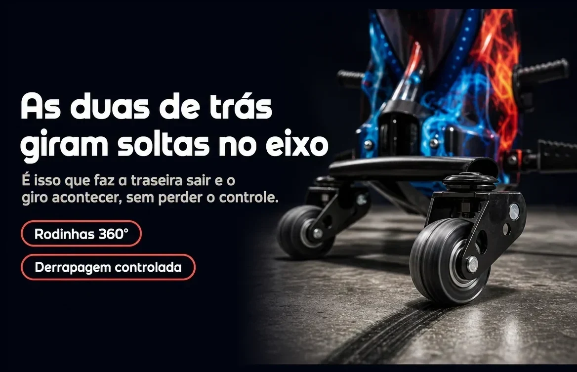 As duas rodas de trás giram soltas no eixo — é isso que faz o giro acontecer