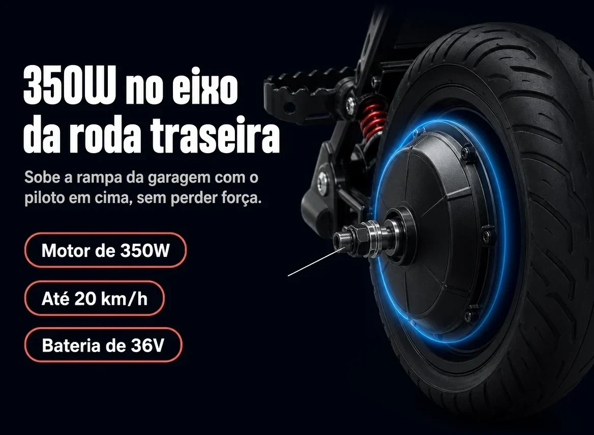 350W no eixo da roda traseira, até 20 km/h, bateria de 36V