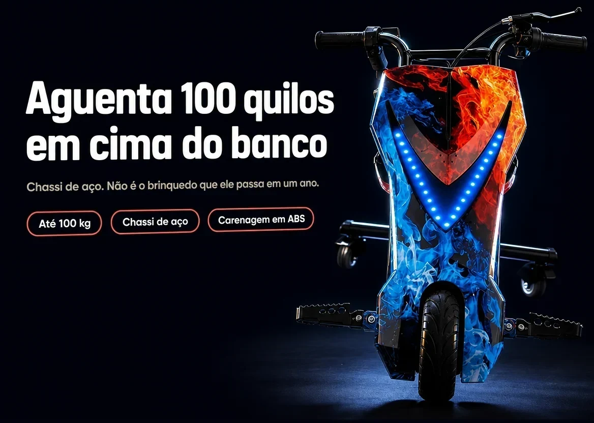 Aguenta 100 quilos em cima do banco, com chassi de aço e carenagem em ABS