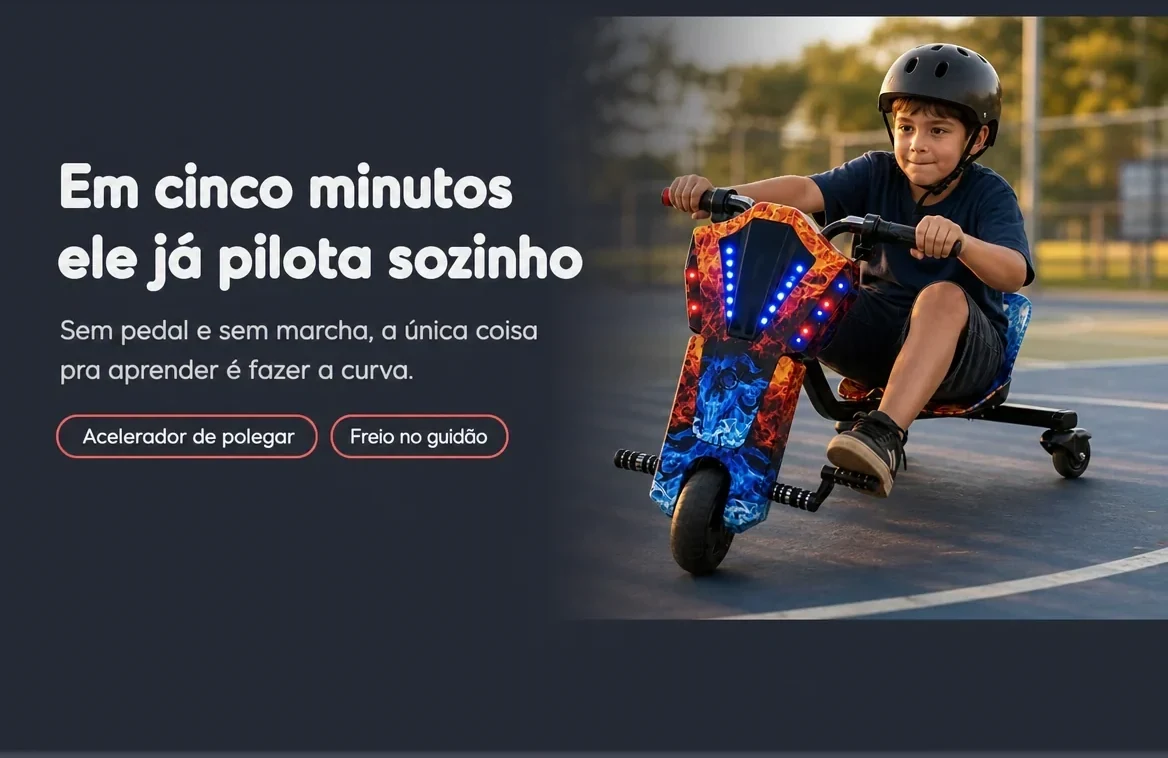 Em cinco minutos ele já pilota sozinho: acelerador de polegar e freio no guidão