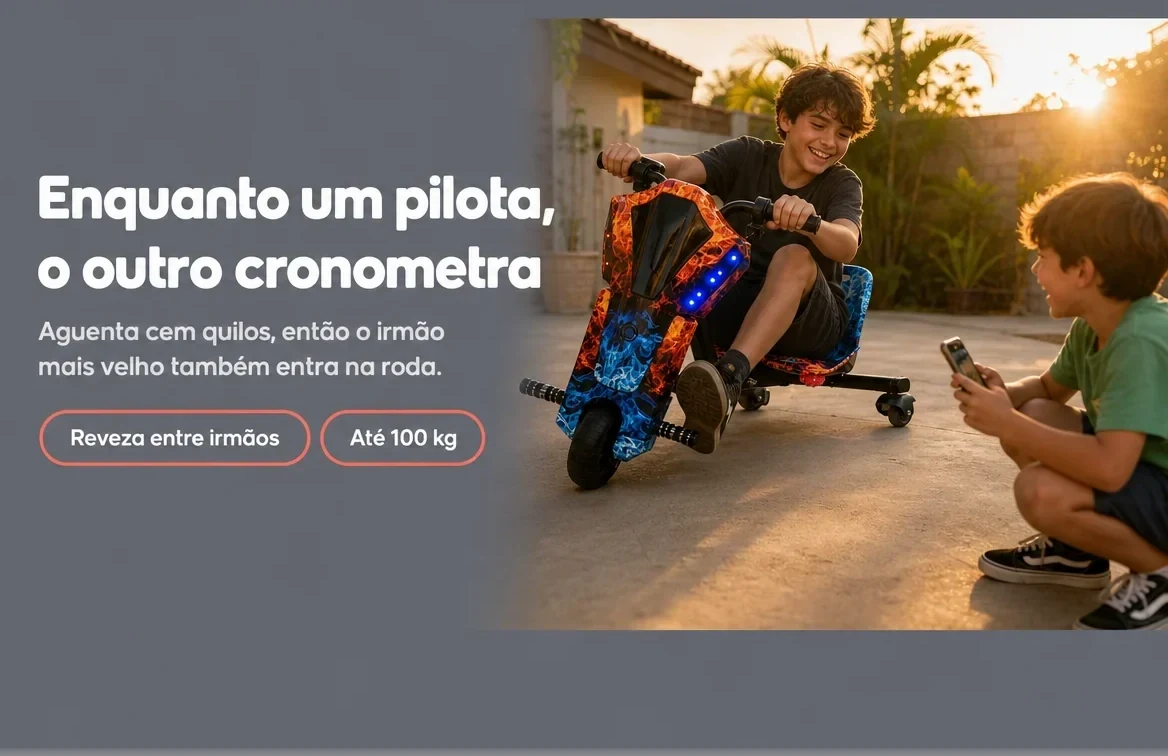 Enquanto um pilota, o outro cronometra — aguenta cem quilos, então o irmão mais velho também anda
