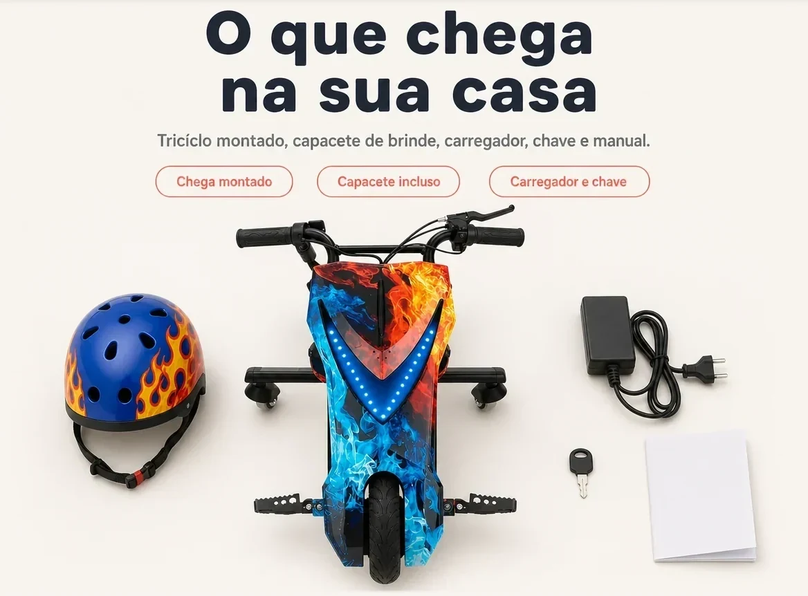 O que chega na sua casa: triciclo montado, capacete de brinde, carregador, chave e manual