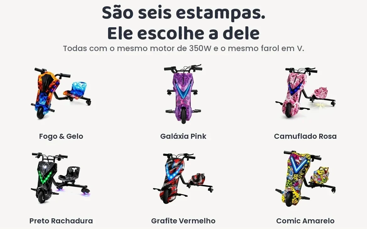 São seis estampas: Fogo e Gelo, Galáxia Pink, Camuflado Rosa, Preto Rachadura, Grafite Vermelho e Comic Amarelo