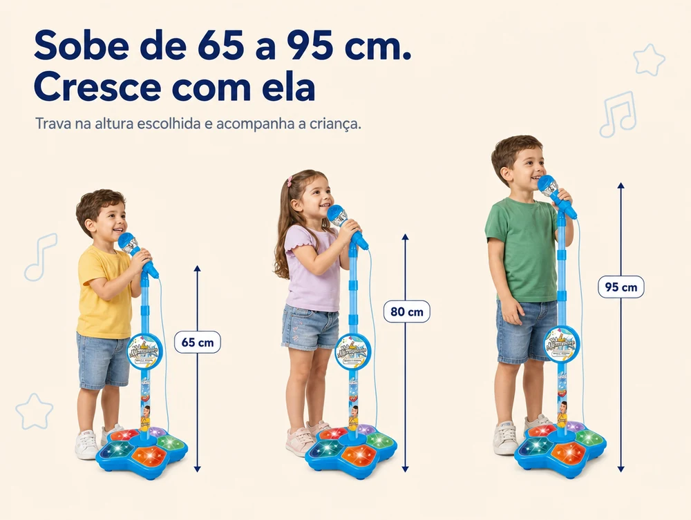Sobe de 65 a 95 cm e cresce com ela: trava na altura escolhida e acompanha a criança