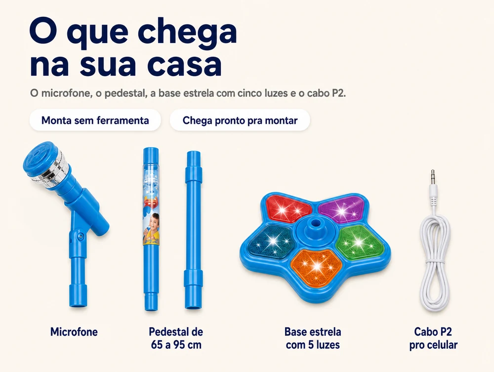 O que chega na sua casa: o microfone, o pedestal, a base estrela com cinco luzes e o cabo P2 — monta sem ferramenta e chega pronto pra montar
