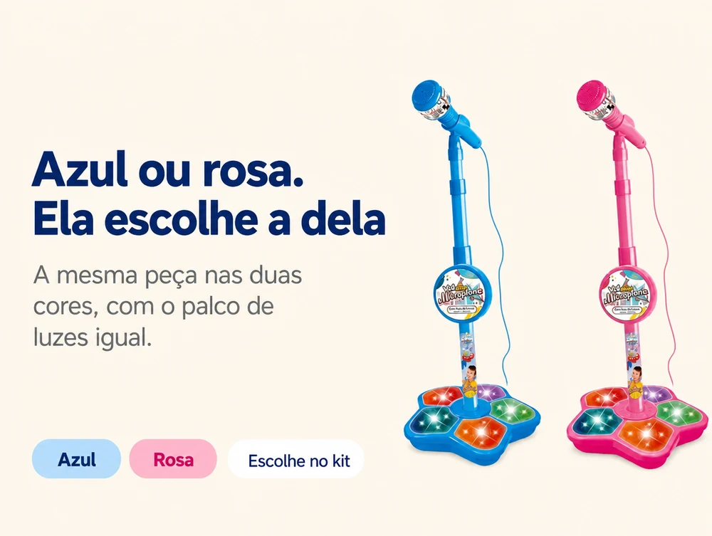 Azul ou rosa, ela escolhe a dela: a mesma peça nas duas cores, com o palco de luzes igual