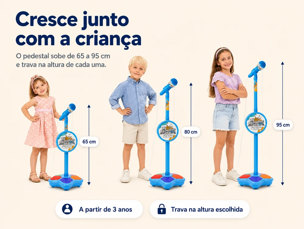 Cresce junto com a criança: o pedestal sobe de 65 a 95 cm e trava na altura de cada uma, a partir de 3 anos