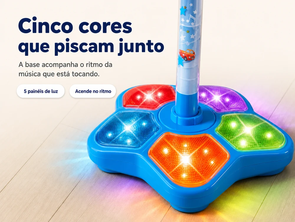 Cinco cores que piscam junto: a base acompanha o ritmo da música que está tocando — 5 painéis de luz que acendem no ritmo