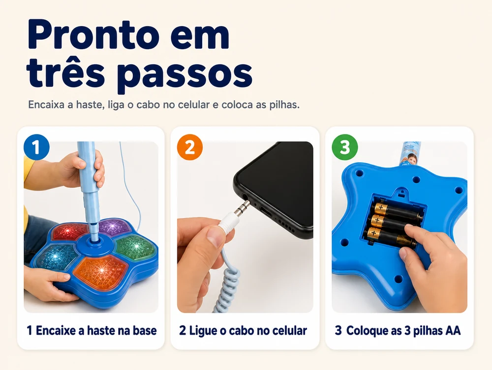 Pronto em três passos: encaixa a haste, liga o cabo no celular e coloca as pilhas
