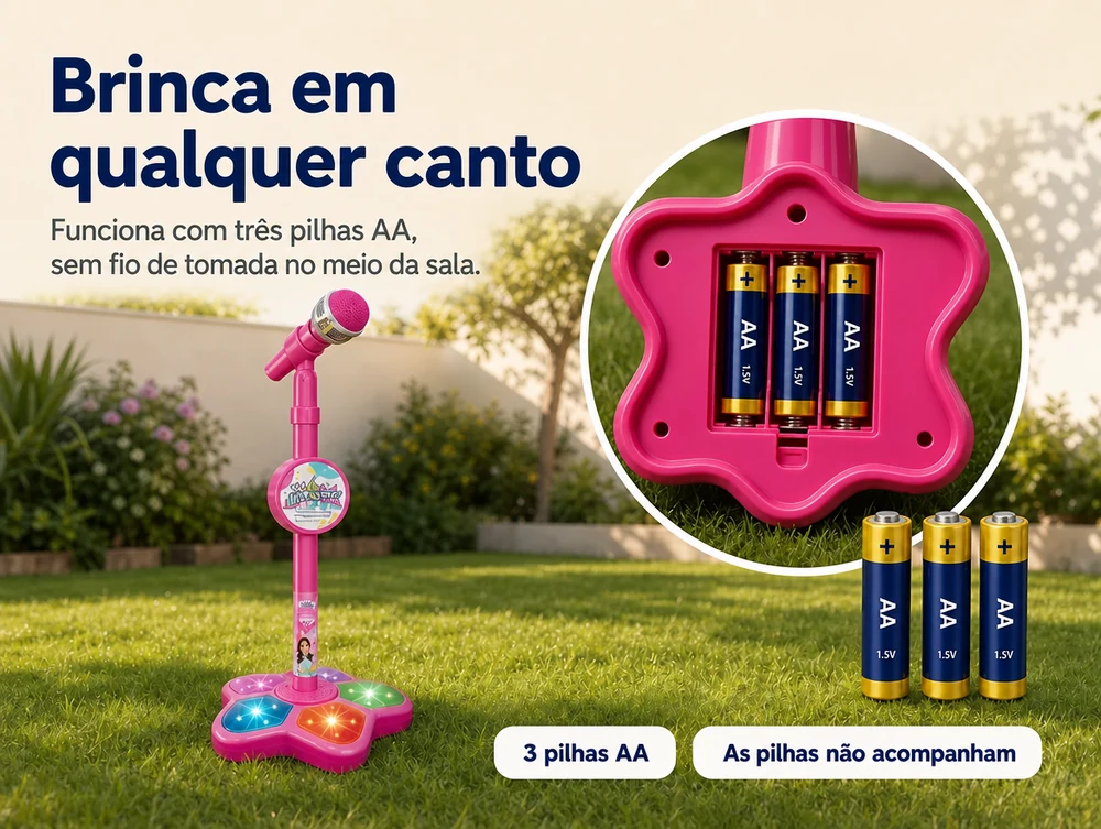 Brinca em qualquer canto: funciona com três pilhas AA, sem fio de tomada no meio da sala. As pilhas não acompanham