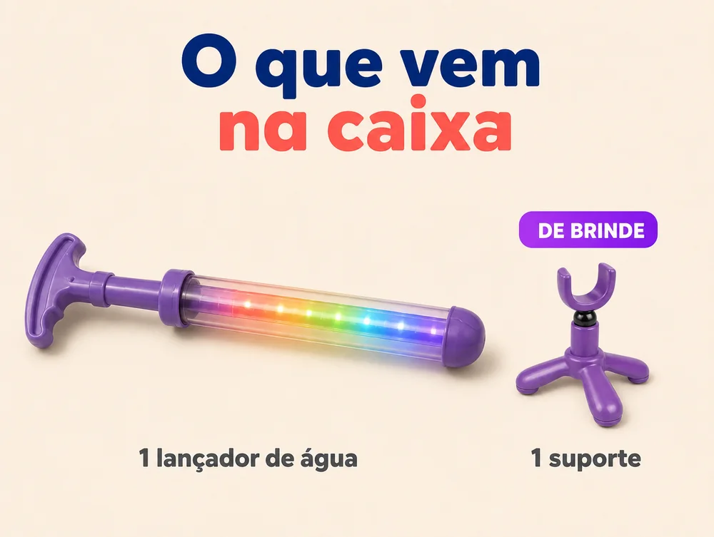O que vem na caixa: 1 lançador de água e 1 suporte de brinde