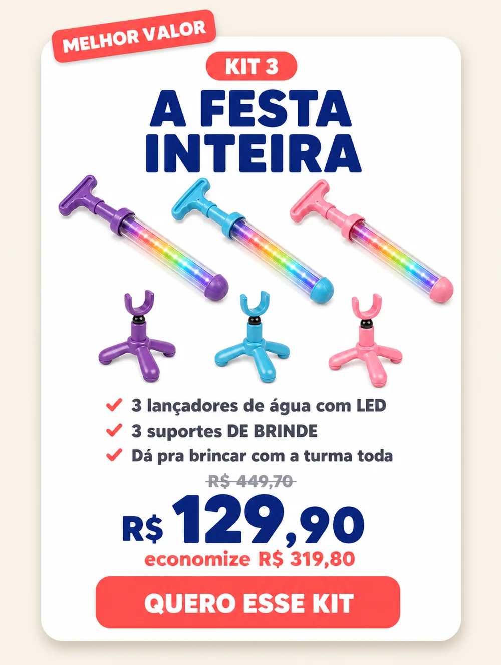 Kit 3, a festa inteira: 3 lançadores e 3 suportes de brinde por R$ 129,90