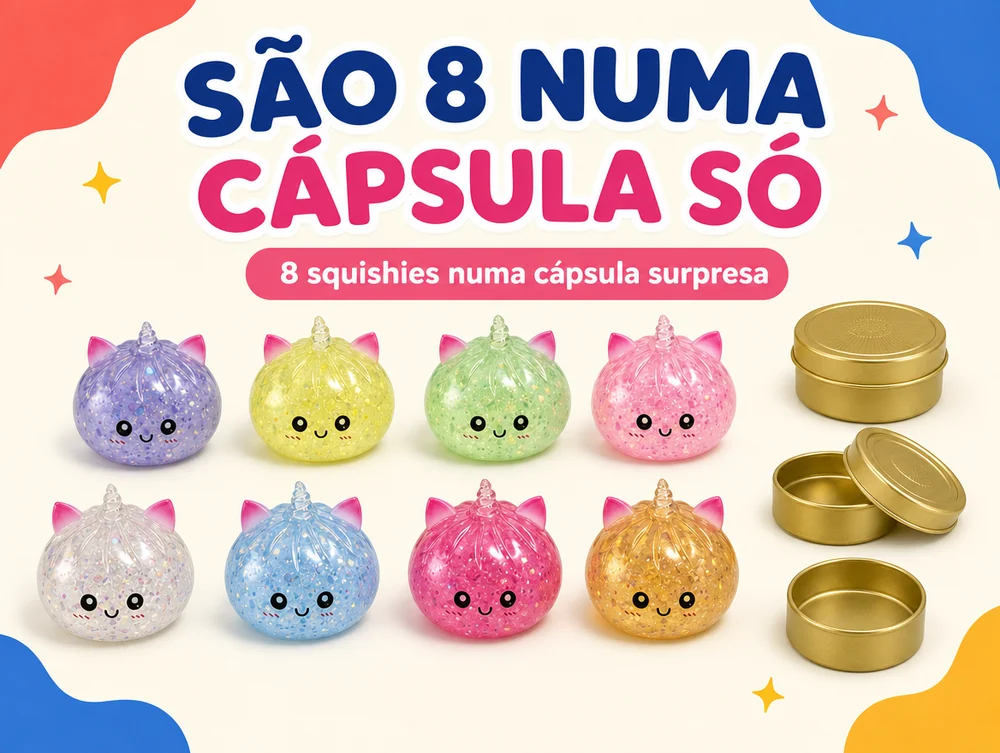São 8 numa cápsula só: 8 squishies numa cápsula surpresa